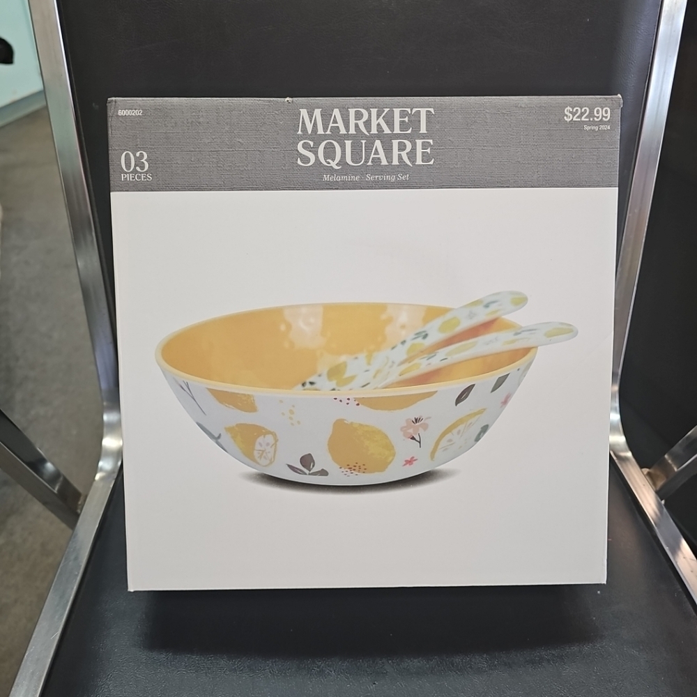 NIB Market Square Lemon Melamine Serving Set Serving Bowl, Spoon And Fork